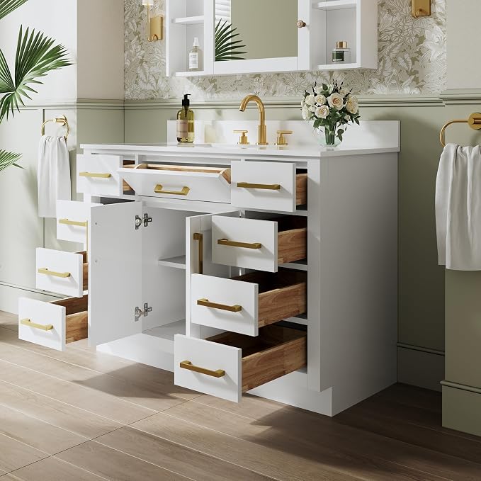 48-Inch Bathroom Vanity with Sink W/ 2 Doors & 8 Drawers & 1 Flip Drawer, White Vanity W/Brushed Gold Handles