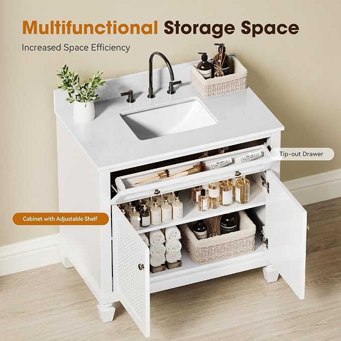 36 Inch Bathroom Vanity with Sink, White, 2 Pack | Solid Wood Bathroom Cabinet with Marble Countertop & Backsplash, Soft Closing 2 Doors & Drawer