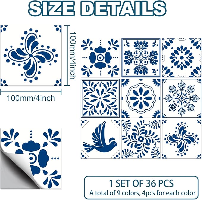 CHGCRAFT 36pcs 9 Styles Mexican Ceramics Blue Tile Stickers Waterproof Tile Stickers Square with Flower Pattern for Kitchen Bathroom Bedroom Wall Floor Decoration, Dodger Blue, 4×4inch
