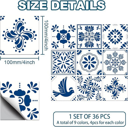 CHGCRAFT 36pcs 9 Styles Mexican Ceramics Blue Tile Stickers Waterproof Tile Stickers Square with Flower Pattern for Kitchen Bathroom Bedroom Wall Floor Decoration, Dodger Blue, 4×4inch