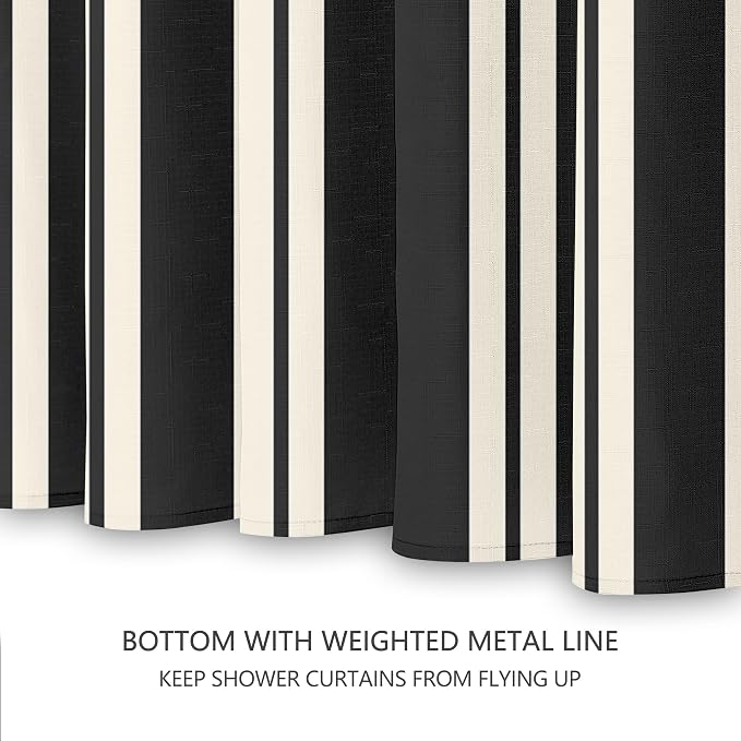 Tititex Cute Candy Cane Striped 140gsm Faux Linen Fabric Shower Curtain, Elegant Classic Black Beige Shower Curtain Sets Decoration 72x72 Inch with Hooks