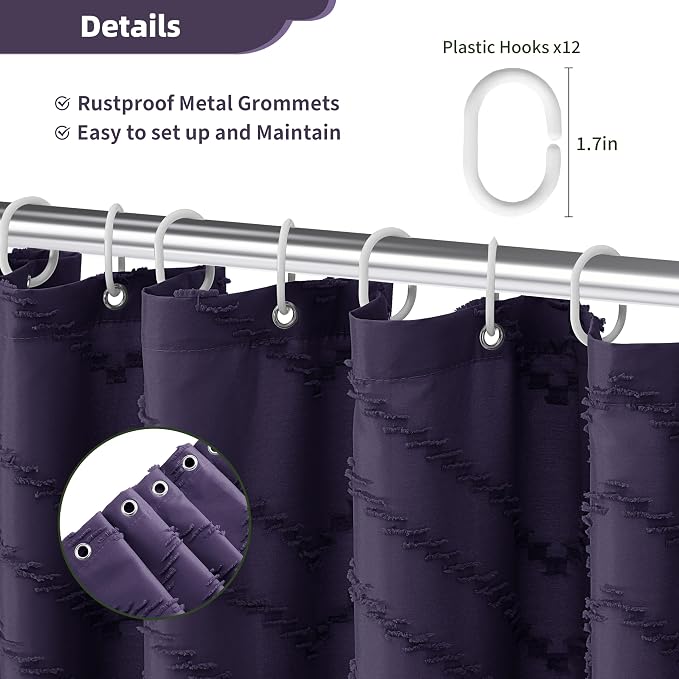 Siiluminisoy Extra Long Boho Shower Curtain, Woven Fabric 84 in Dark Purple, 72 x 84, Tufted Chevron Striped Modern Chic Textured Minimalist Bathroom Shower Curtain