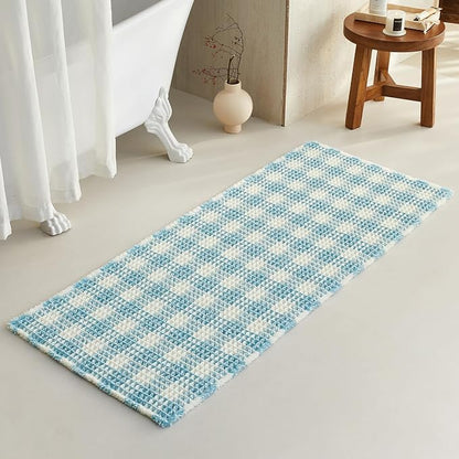 TYUU Waffle Runner Rug Bathroom, Long Cute Bath Mat, 60x24 Blue & White | Super Absorbent Quick Dry Bath Rug, Non-Slip Backing, Soft Waffle Washable Farmhouse Bathroom Mats, Tub, Shower & Home Decor