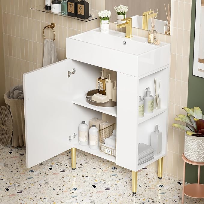 Merax 21.6" Bathroom Vanity with Single Sink, Bathroom Floor Standing Cabinet with Side Storage, Modern Bathroom Vanity with 1 Door and White Ceramic Basin Sink Top, White