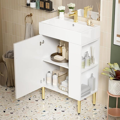 Merax 21.6" Bathroom Vanity with Single Sink, Bathroom Floor Standing Cabinet with Side Storage, Modern Bathroom Vanity with 1 Door and White Ceramic Basin Sink Top, White