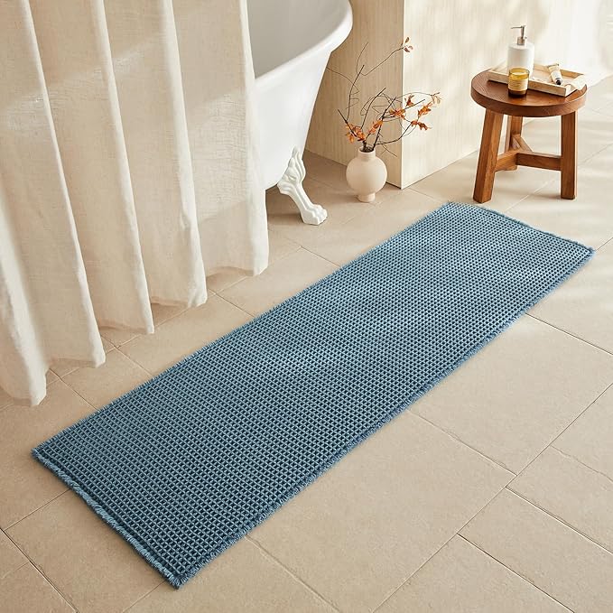 TYUU Waffle Runner Rug Bathroom, Long Boho Bath Mat, 72x24 Denim Blue | Super Absorbent Quick Dry Bath Rug, Non-Slip Backing, Soft Waffle Washable Farmhouse Bathroom Mats, Tub, Shower & Home Decor