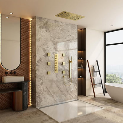 CASAINC 27x16 Inch Thermostatic Shower System Luxurious 6 Functions Full Body Shower System with Sliding Rod 2 in 1 Handheld, LED & Music (Brushed Gold)
