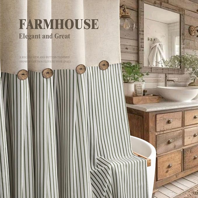 Farmhouse Shower Curtain Linen Button Green Stripe 72" W x 84" L | Farmhouse Style, Chic Button, Striped, Linen Fabric, Rustic, Country, Natural Look, Washable, for Bathroom Bathtub