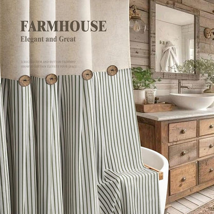 Farmhouse Shower Curtain Linen Button Green Stripe 72" W x 84" L | Farmhouse Style, Chic Button, Striped, Linen Fabric, Rustic, Country, Natural Look, Washable, for Bathroom Bathtub