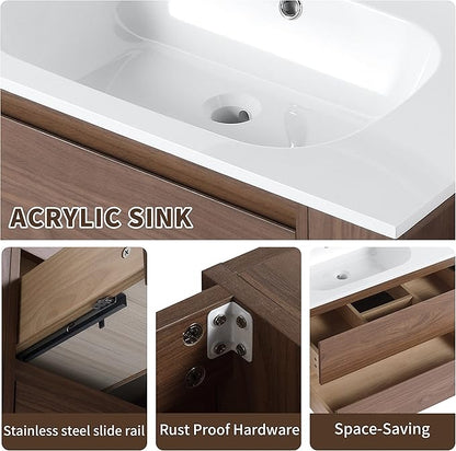 Henf 30inch Wall Mounted Bathroom Vanity with White Gel Sink, Modern Floating Bathroom Vanity Cabinet with 2 Soft Close Drawers & Open Storage Shelf, Bathroom Sink Vanity with Sink Combo Set,Brown