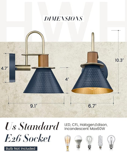 Industrial Wall Sconces Set of Two, HWH Indoor Wall Sconce 1-Light Barn Vanity Light, Hammered Wall Lamp for Bathroom Bedroom Bedside Kitchen, Hammered Metal Shade, Navy Blue Finish, 5HZG74B-2 BL+BG