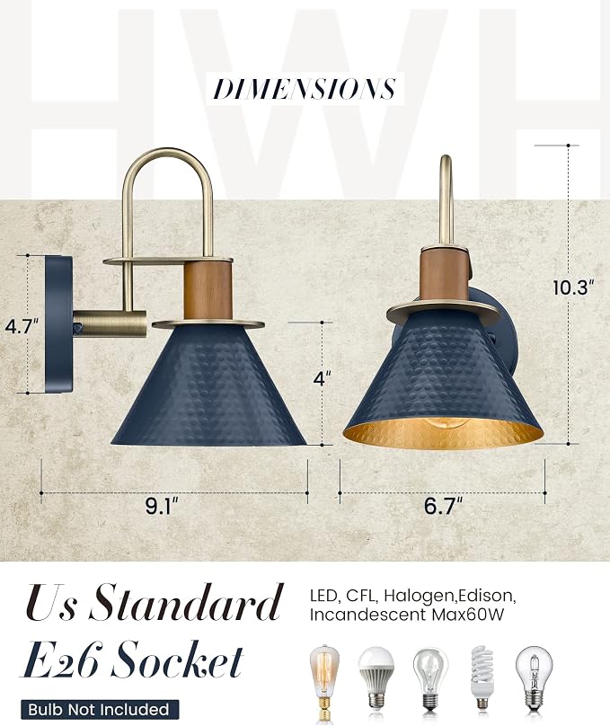 HWH Rustic Wall Sconces, Industrial Sconce Wall Lighting Indoor Wall Lamp, 1-Light Barn Vanity Light for Bathroom Bedroom Bedside, Hammered Metal Shade, Navy Blue Finish, 5HZG74B BL+BG