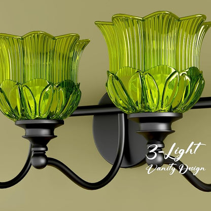 3-Light Vanity Light Over Mirror with Green Crystal Glass Shade | Valley-Lily Shaped Bathroom Light Fixture Black Antique Finish Wall Sconces Mirror Front Lighting for Hallway Living Room