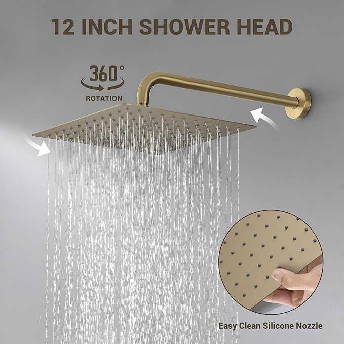 Shower Faucet Set - 12 inches Rain Shower System with 6 Function Handheld Shower Head Rough in Pressure Balance Valve Kit - Stainless Steel Bathroom Shower Kit Complete Brushed Gold