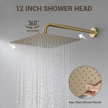 Shower Faucet Set - 12 inches Rain Shower System with 6 Function Handheld Shower Head Rough in Pressure Balance Valve Kit - Stainless Steel Bathroom Shower Kit Complete Brushed Gold