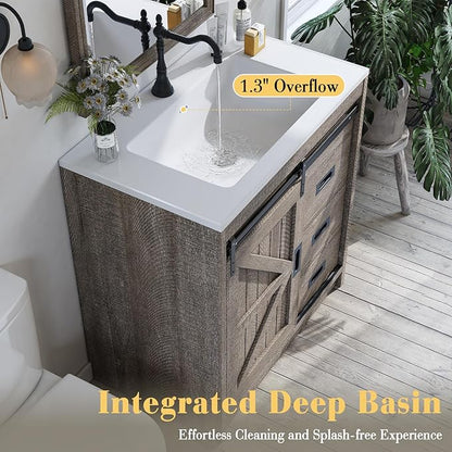 31" Farmhouse Sliding Barn Door Bathroom Vanity with Sink Combo, Bathroom Vanity Cabinet with Drawers & Metal Handles, Freestanding, Gray