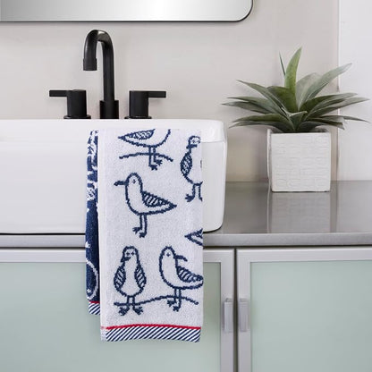 SKL Home Nautical Seagull Sam Hand Towel Set-2pc, Reversible, White | 100% Cotton. Plush & absorbent jacquard. Great for everyday & coastal décor in the bathroom, kitchen or bar.