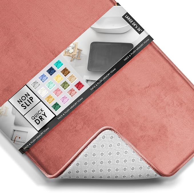 Clara Clark Bathroom Rugs, Velvet Memory Foam Bath Mat, Non-Slip Bath Rugs, Machine Wash, Dries Quickly, Ultra Soft Plush Bath Mats for Bathroom, 24 x 36, Misty Rose