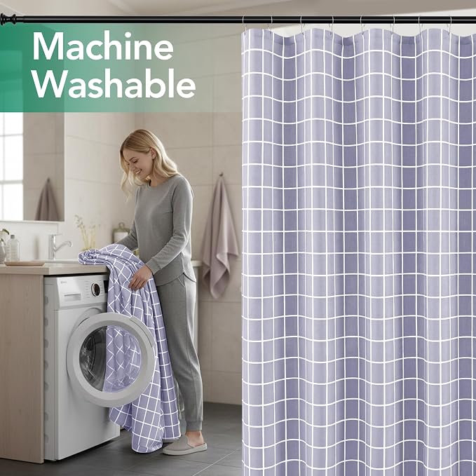 Fabric Farmhouse Shower Curtain-Cloth Extra Long Shower Curtains Bathroom | 72"Wx84"L Lavender Faux Linen Grid Minimalist Simple Rustic Neutral Shower Curtain-Geometric Plaid Washable Hotel Quality