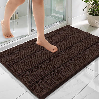 OLANLY Thick Bathroom Rugs 36x24, Soft Chenille Striped Bath Rugs, Brown | Rubber Backing, Machine Wash, Extra Absorbent Bath Mats for Bathroom Floor, Tub and Shower, Home Decor Accessories