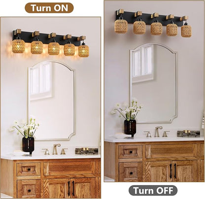 LmnLvn 5-Light Bathroom Vanity Light, Boho Farmhouse Rattan Handwoven Shade | Wood & Metal Frame, Rattan Vanity Light Design, Mounted Over Mirror, Easy To Install for Restroom, Bedroom & Hallway