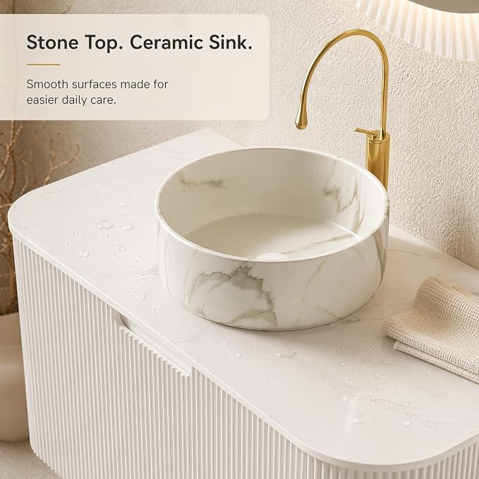 36 Inch Bathroom Vanity with Sink, Floating Wall Mounted Single Sink Vanity, White Curved Fluted Front, Stone Top, Marble-Look Round Vessel Basin, Pre-Assembled