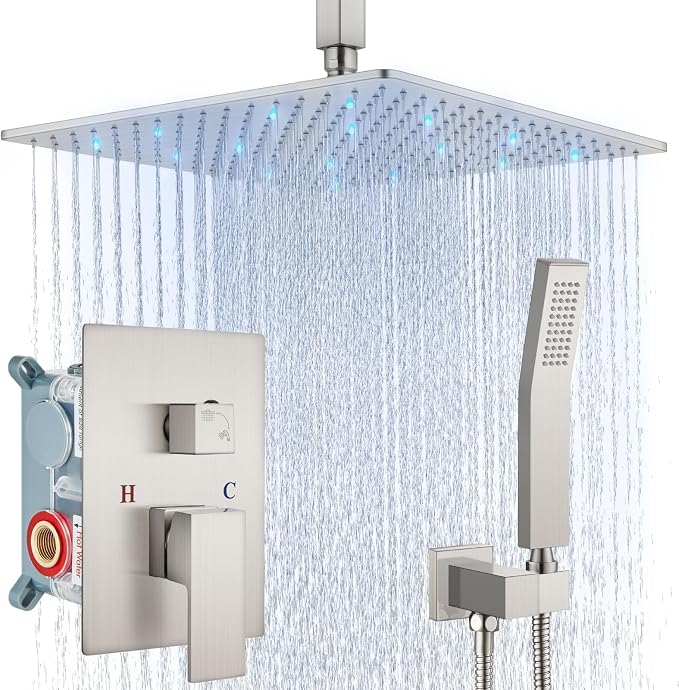 Aolemi Ceiling Shower Faucet Set with Handheld 16" LED Head Brushed Nickel | Handheld Spray,16 Inch Rain LED Head,Shower Valve and Trim Kit,All Metal,Ceiling System,Bathroom Mixer
