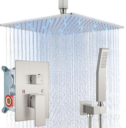 Aolemi Ceiling Shower Faucet Set with Handheld 16" LED Head Brushed Nickel | Handheld Spray,16 Inch Rain LED Head,Shower Valve and Trim Kit,All Metal,Ceiling System,Bathroom Mixer