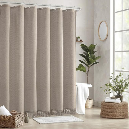 Linen Shower Curtain Boho Taupe Shower Curtain with Tassels 60"L x 72"L | Thick linen-poly blend, soft textured drape, handcrafted fringe, neutral rustic farmhouse bathroom decor