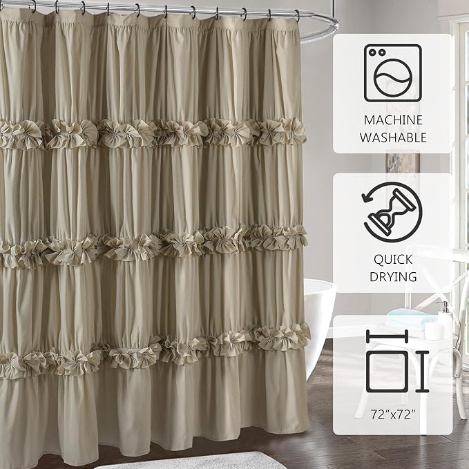 Homechoice Decor Taupe Ruffle Shower Curtain 72" W x 72" H | Vintage Handcrafted Bow Tie Bath Curtain for Master Bathroom, Ruched Microfiber Bathroom Curtain with 12 Buttonholes (LQ-10)