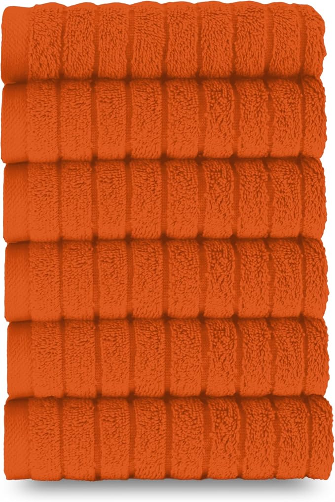 Elegant Comfort 100% Turkish Cotton Corduroy Ribbed Luxury Washcloths 6 Pack Soft 13 x 13 Inch - Higly Absorbent, Durable, Quick Dry, Spa Premium Hotel Quality for Bathroom or Travel, Orange