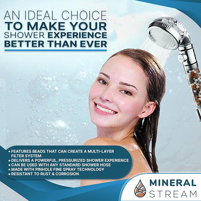 MineralStream Ionic Shower Head 2.0 | High Pressure Water Saving Showerhead with Filter Beads | Eco Water Spa Shower Heads for Hair & Skin Health