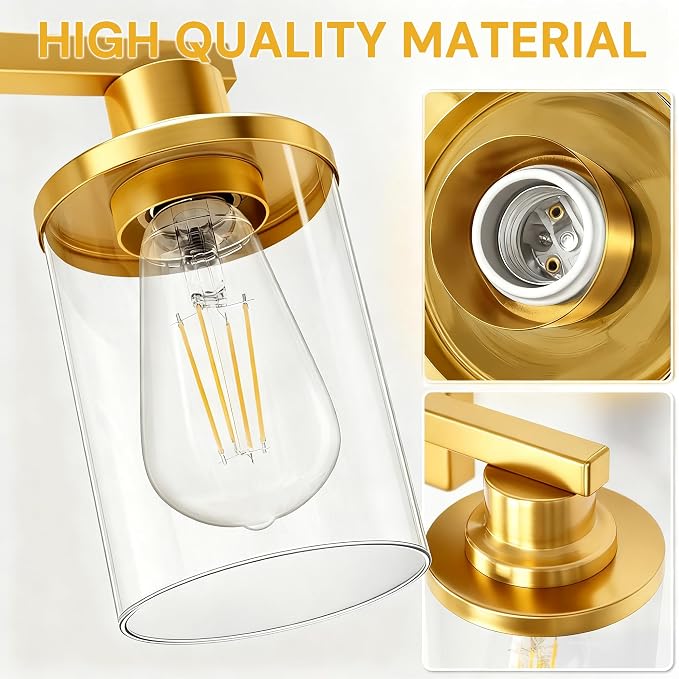 L LOHAS LED 3-Light Bathroom Vanity Light, Gold | Modern Gold Bathroom Light Fixture for Bathrooms, Bedrooms and Hallways