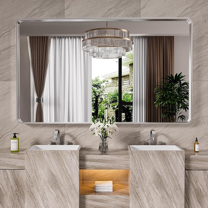 Brushed Nickel Bathroom Mirror 72x32 Inch, Brushed Silver Metal Frame Mirror Wall Mounted, Rounded Rectangle Bathroom Vanity Mirror, Tempered Glass, Anti-Rust, Horizontal/Vertical
