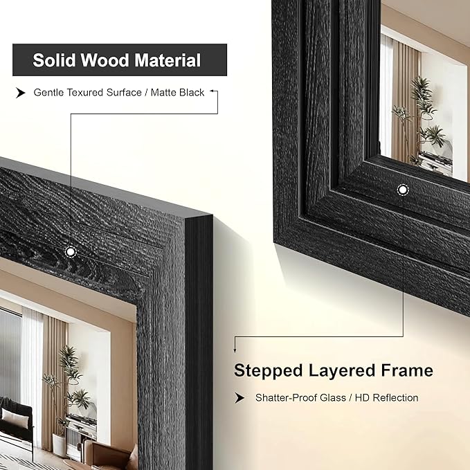 Farmhouse Rustic Wood Framed Bathroom Vanity Mirror for Wall, 26x38, Black | Recessed Stepped Solid Wood Frame, HD Shatterproof Glass, Vertical/Horizontal Mount, for Bathroom Sink, Living Room, Entryway
