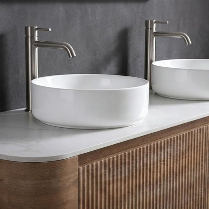 60" Preassembled Double Floating Bathroom Vanity with Round Sink, Oak | Mid-Century Modern Style, Fluted & Soft-Close Drawer with U-shaped Wall, Sinterted Stone Countertop, Towel Rack Included