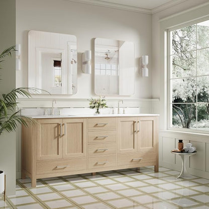 80-Inch Bathroom Vanity with Sink, 4 Soft-Close Doors and 6 Soft-Close Drawers, Bathroom Freestanding Vanity with Cultured Marble Countertop, Oak Vanity with Brushed Nickel Handles
