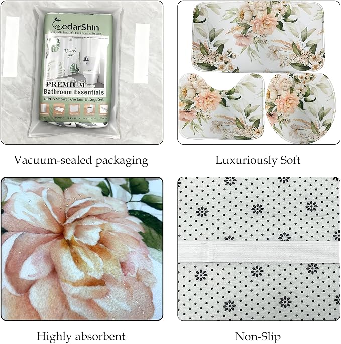 Flower Bathroom Set with Shower Curtains and Rugs | 120gsm Bathroom Curtain Set with Brushed Metal Hooks