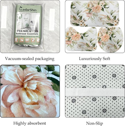 Flower Bathroom Set with Shower Curtains and Rugs | 120gsm Bathroom Curtain Set with Brushed Metal Hooks