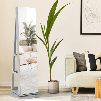 MAT EXPERT 360° Rotating Jewelry Armoire, Lockable Freestanding Jewelry Organizer w/Full-length Mirror, 3-Color LED Lights, Rear Storage Shelves, Mirror Jewelry Cabinet for Bedroom (Gray)