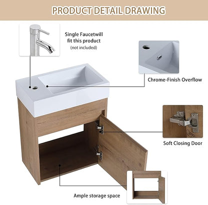 18 Inch Small Bathroom Vanity with Sink, 18" Floating Bathroom Vanity for Small Space, Wall Mounted Cabinet Set with Resin Basin Sink, Soft Close Door (IMO, 005-18" W X 10" D)
