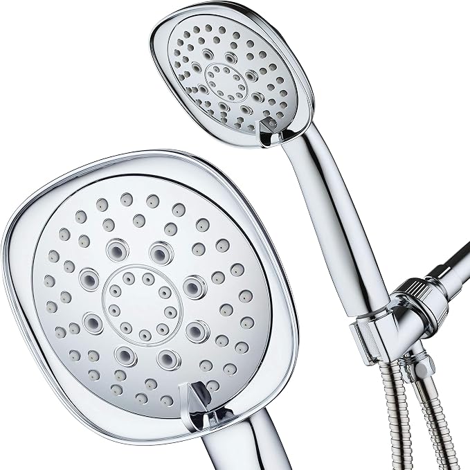 Luxury Square 6-setting High-Pressure Hand Shower. Extra-Long 72" Stainless Steel Hose, Bracket, Solid Brass Fittings, All-Chrome Finish. Premium Handheld Shower Head from Top American Manufacturer!