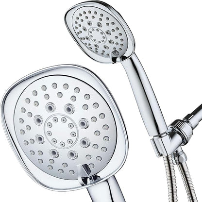 Luxury Square 6-setting High-Pressure Hand Shower. Extra-Long 72" Stainless Steel Hose, Bracket, Solid Brass Fittings, All-Chrome Finish. Premium Handheld Shower Head from Top American Manufacturer!