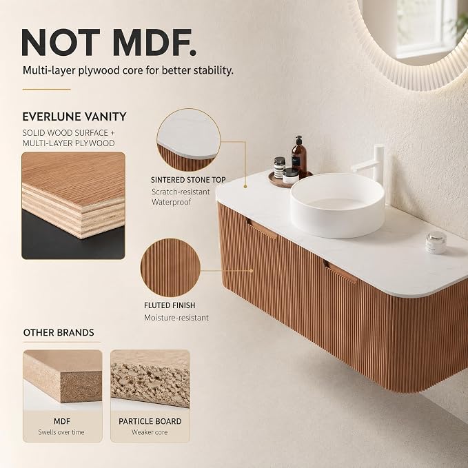 48 Inch Bathroom Vanity with Sink, Floating Wall Mounted Single Sink Vanity, Natural Woodgrain Curved Fluted Front, Stone Top, Pure White Round Vessel Basin, Pre-Assembled