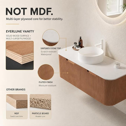48 Inch Bathroom Vanity with Sink, Floating Wall Mounted Single Sink Vanity, Natural Woodgrain Curved Fluted Front, Stone Top, Pure White Round Vessel Basin, Pre-Assembled