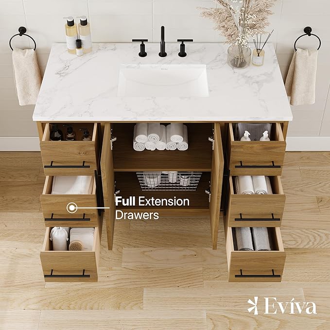 Eviva Graham 48 in. Oak Single Sink Bath Vanity with Arabescato Engineered Stone Top and Undermount Porcelain Sink