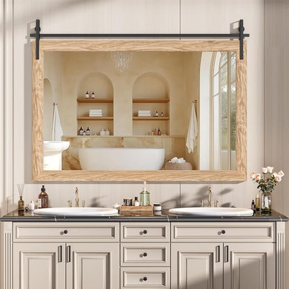 Hasipu Farmhouse Bathroom Mirror, 55"x36" Rustic Wood Framed Wall Mounted Mirror, Brown Vintage Vanity Mirror Barn Door Style Decrative Mirrors