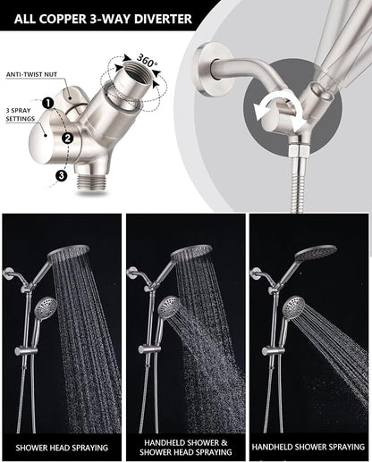 PDPBath High Pressure Rainfall Shower Head with Handheld Combo, 10 Setting Handheld Shower Head, Dual Handheld Shower Head Combo with Slide Bar for Easy Reach, Brushed Nickel