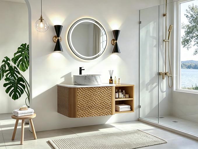 36 Inch Modern Bathroom Vanity with Ceramic Sink, Floating Bathroom Sink Cabinet with Sintered Stone Top&Solid Wood Hammered Frame, Single Bathroom Vanities w/Soft-Close Drawer&Side Open Cube