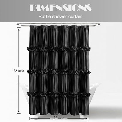Victorian Ruffle Black Shower Curtain 72x78 Inches Long | Vintage Handcrafted Bow Tie Bath Curtain for Master Bathroom, Ruched Satin Bathroom Curtain with 12 Buttonholes (LQ-10)
